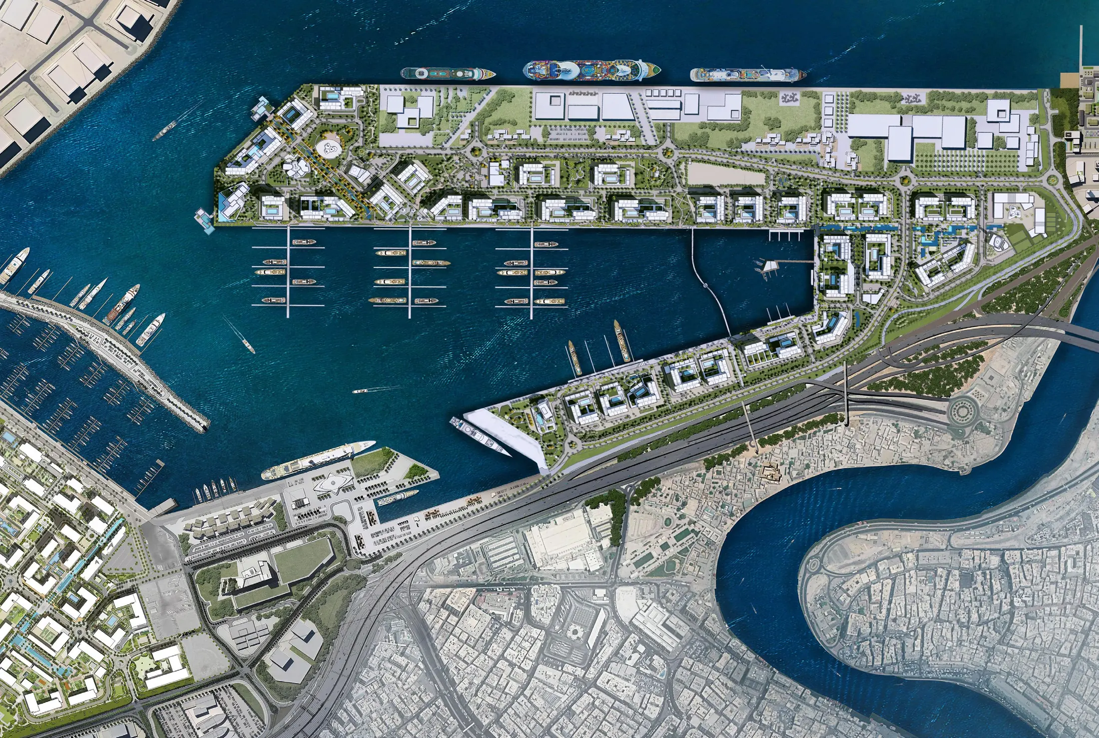 Aerial masterplan of Rashid Yachts & Marina: the marina basin with yacht piers, residential districts and parks around it, and Dubai Creek to the right