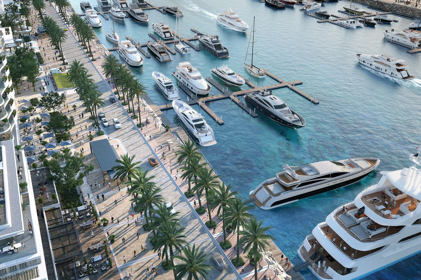 Aerial view of yacht berths along the palm-lined promenade at Rashid Yachts & Marina