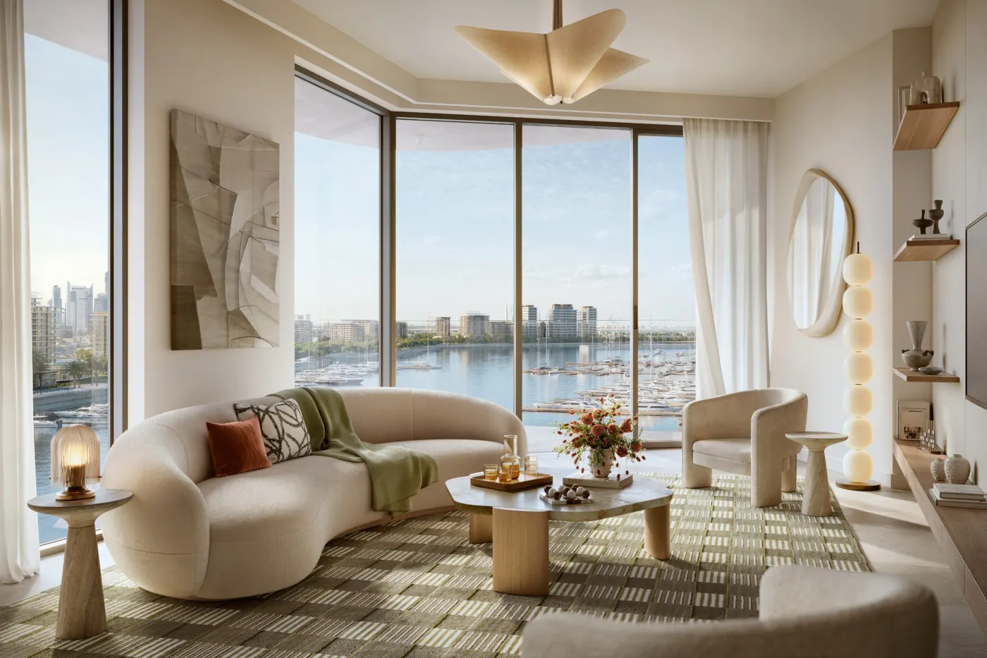 A living room with floor-to-ceiling windows over the marina