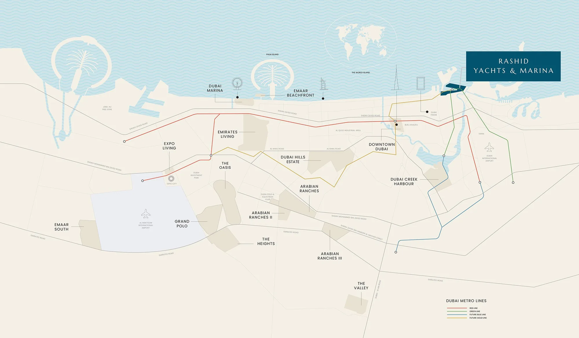Map of Dubai showing Rashid Yachts & Marina at Mina Rashid, north of Downtown Dubai